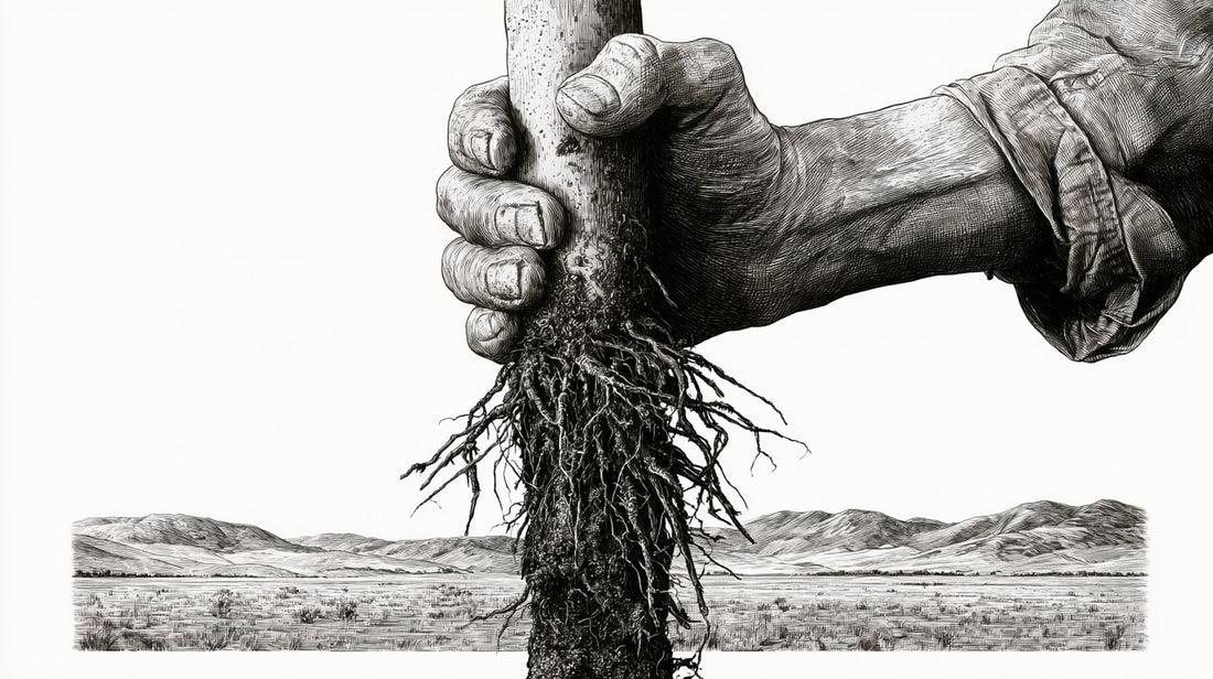 Pen-and-ink illustration of a weathered hand holding a soil core sample against open rangeland