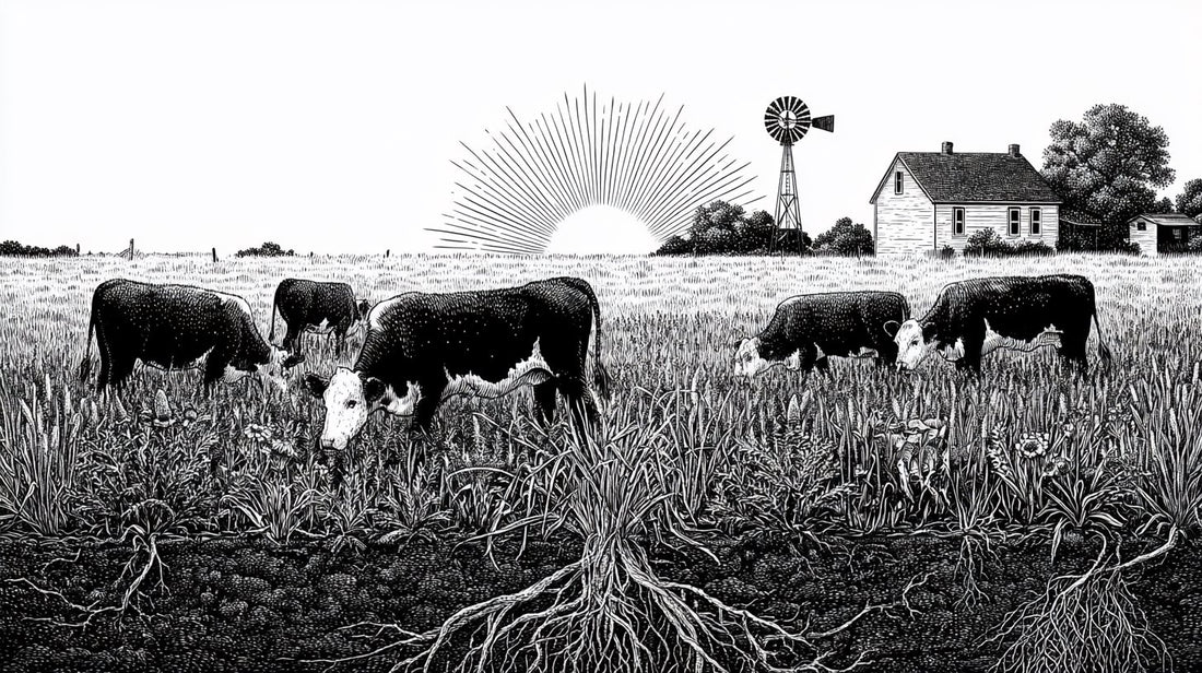 Pen-and-ink illustration of cattle grazing at sunrise with a farmhouse and windmill, deep roots in the soil below