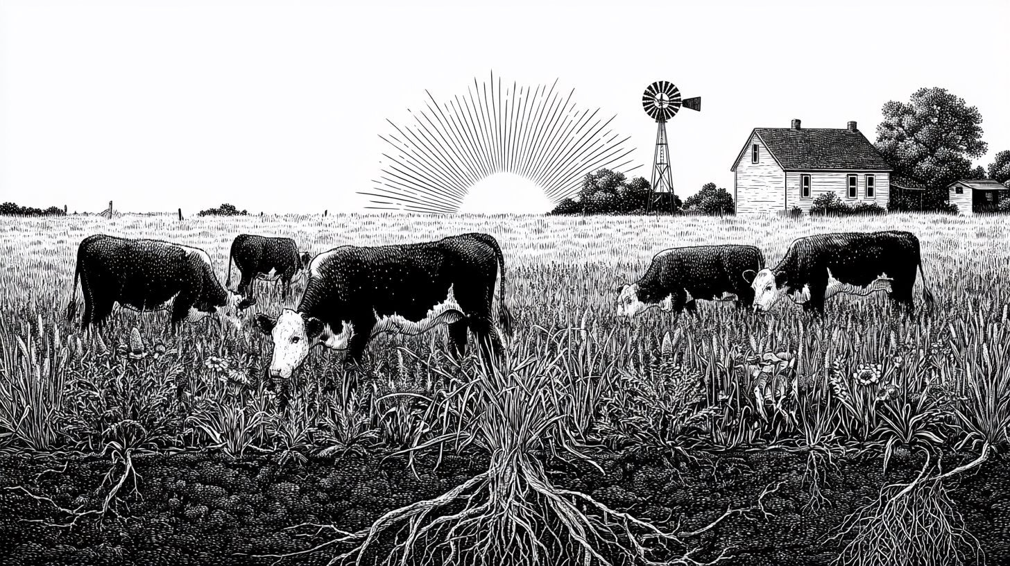 Pen-and-ink illustration of cattle grazing at sunrise with a farmhouse and windmill, deep roots in the soil below