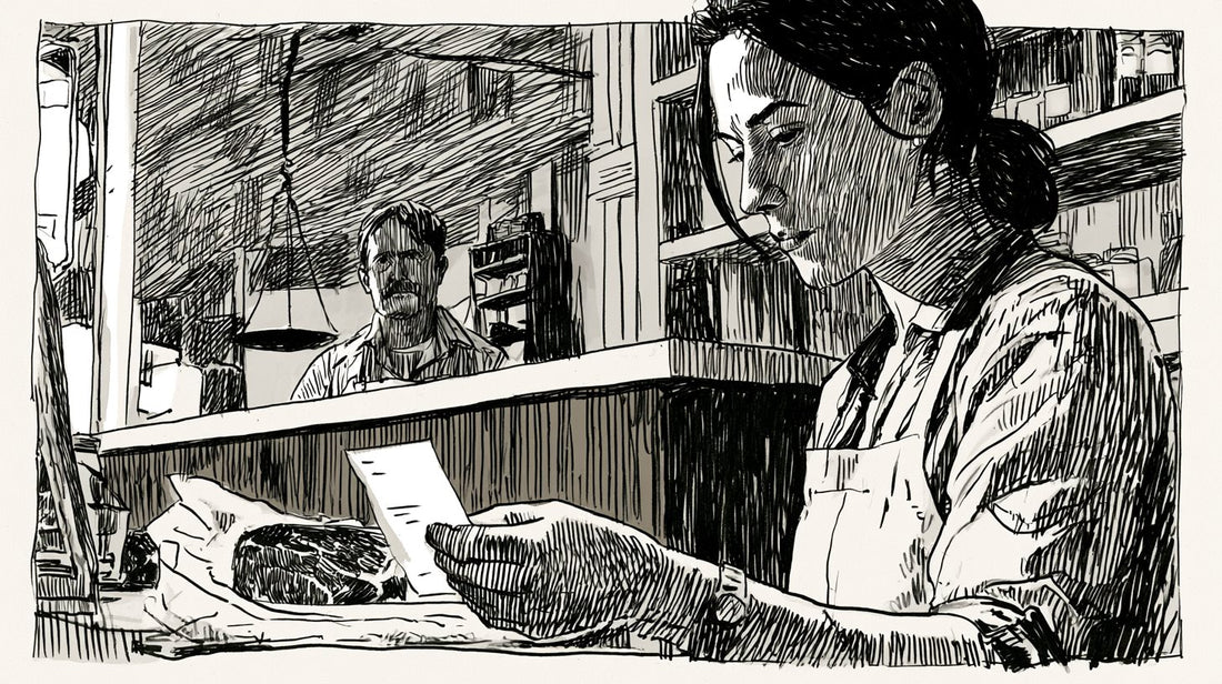 Pen-and-ink illustration of a shopper examining a beef label at a butcher counter