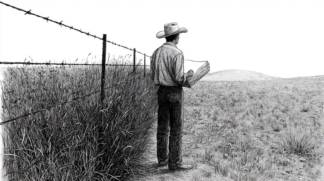 Pen-and-ink illustration of a rancher at a fence line dividing lush and overgrazed rangeland, paperwork under arm
