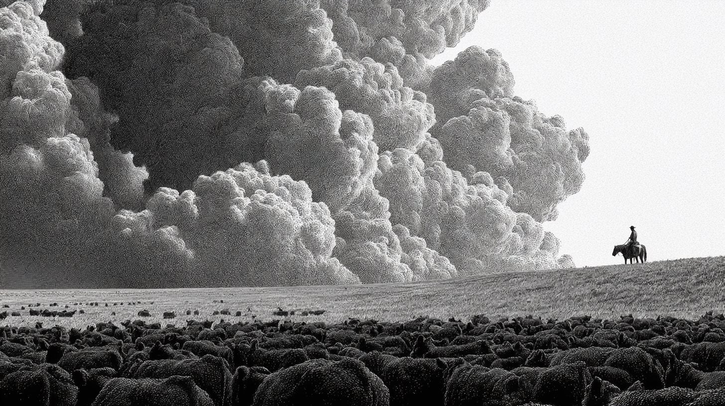 Pen-and-ink illustration of a lone rider watching a cattle herd beneath towering storm clouds