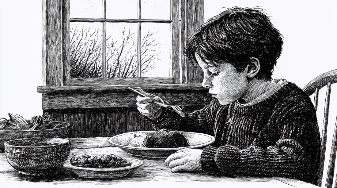 Pen-and-ink illustration of a child eating a hearty dinner at a farmhouse kitchen table