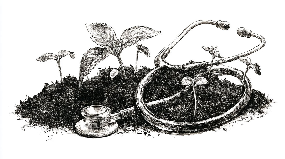 Pen-and-ink illustration of a stethoscope resting on living soil with young seedlings sprouting
