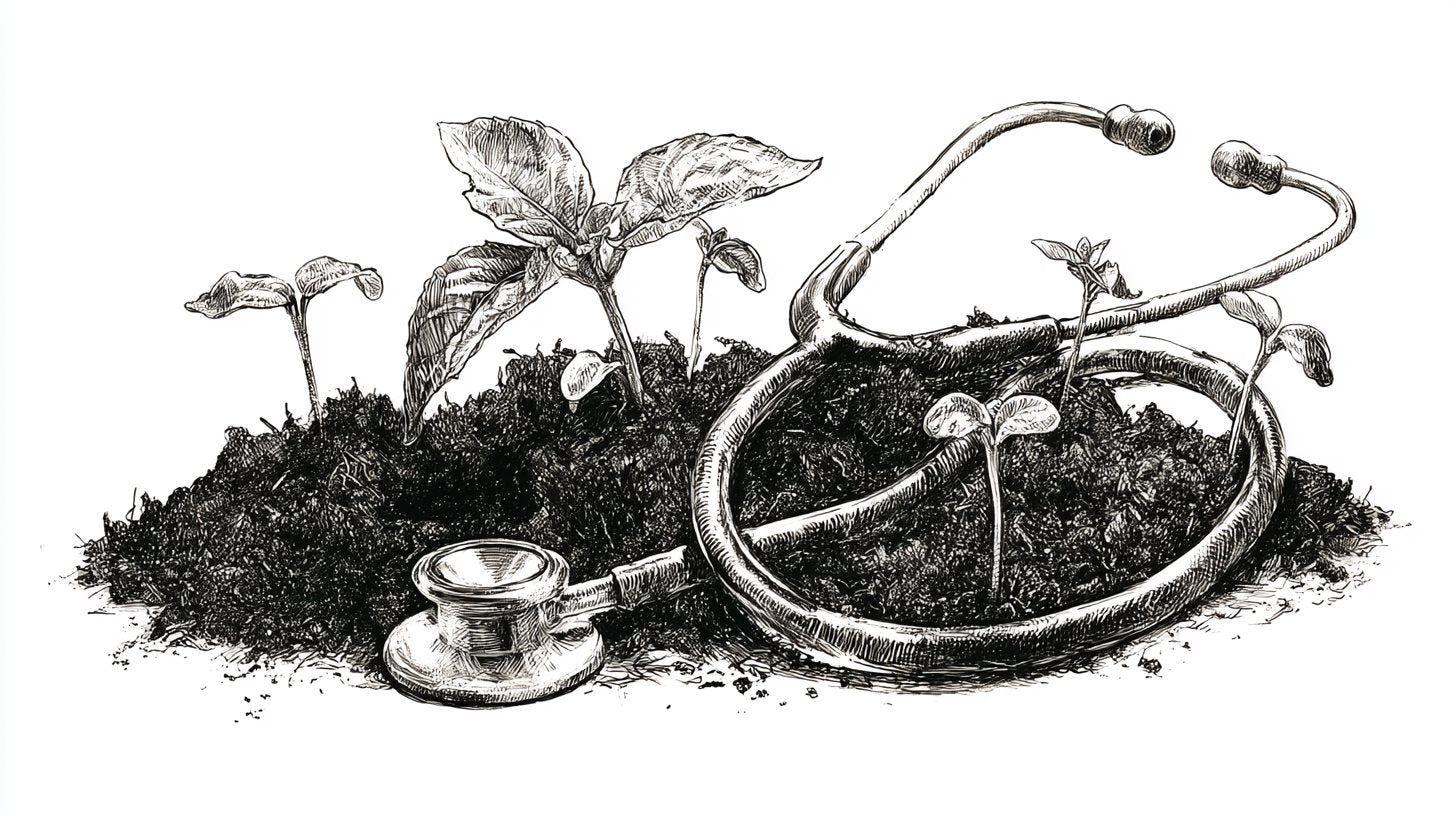 Pen-and-ink illustration of a stethoscope resting on living soil with young seedlings sprouting