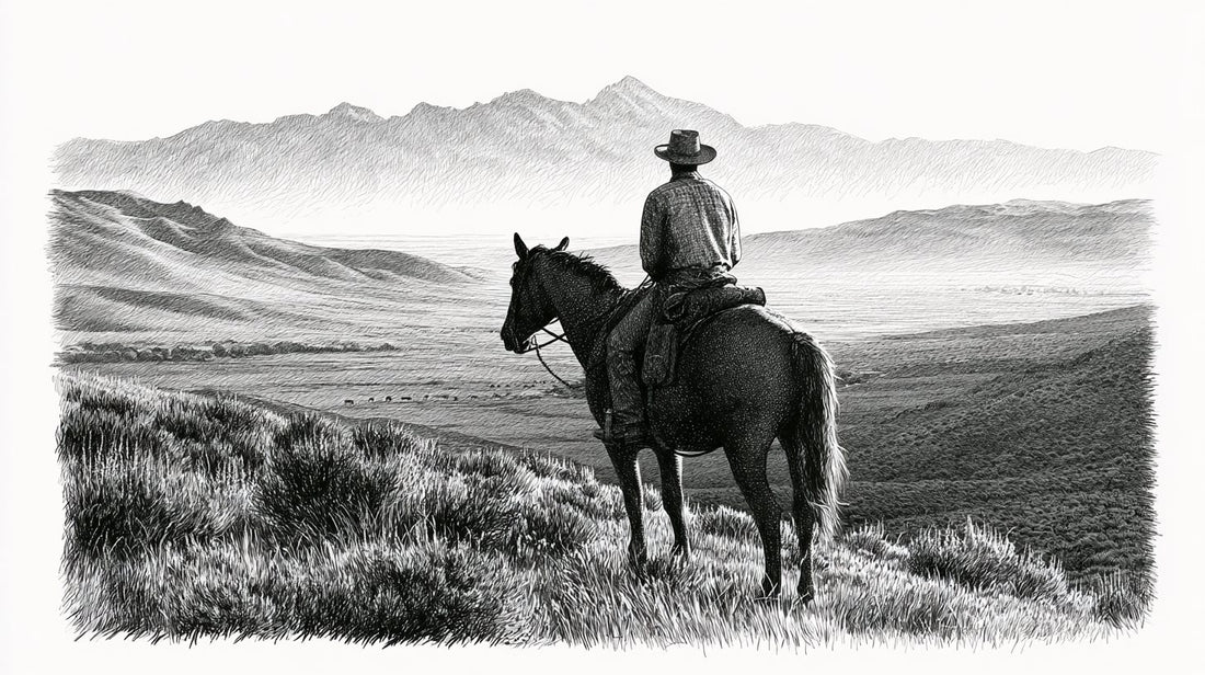 Pen-and-ink illustration of a rancher on horseback overlooking a vast working ranch valley at dawn