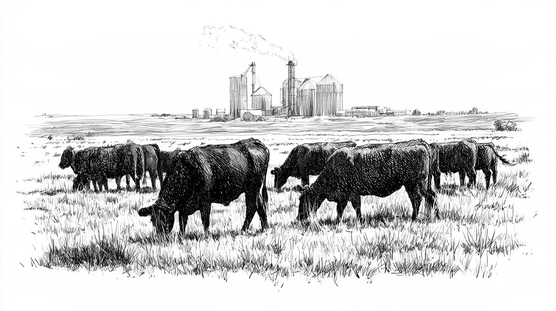 Pen-and-ink illustration of Angus cattle grazing native rangeland with a distant ethanol plant and grain silos on the horizon