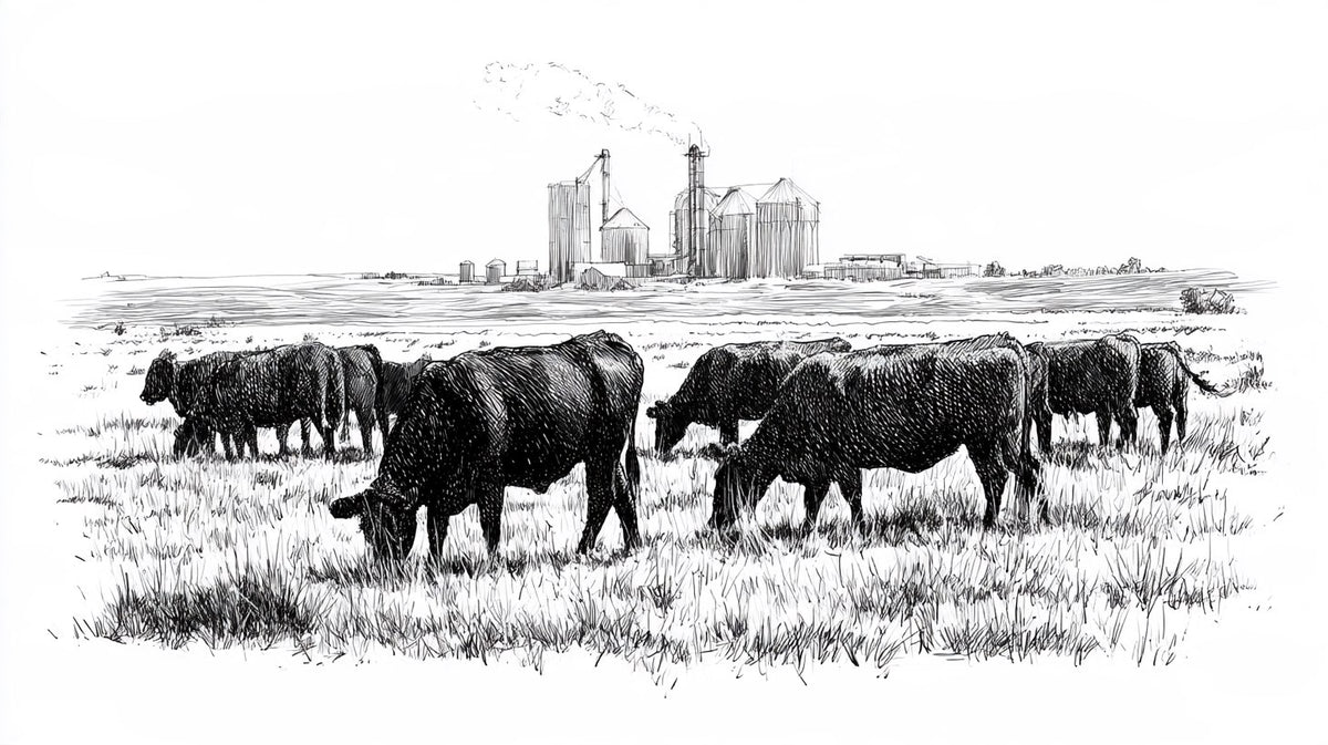 Pen-and-ink illustration of Angus cattle grazing native rangeland with a distant ethanol plant and grain silos on the horizon