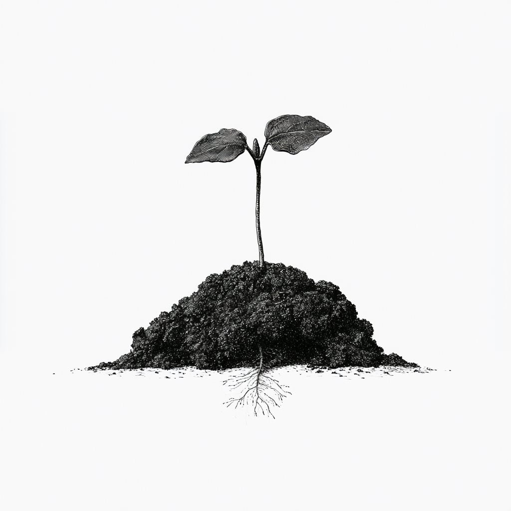 Soil Stewards Seedling tier - pen-and-ink seedling sprouting from a mound of living soil