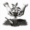 Soil Stewards Cultivator tier - pen-and-ink hands planting a young plant into living soil