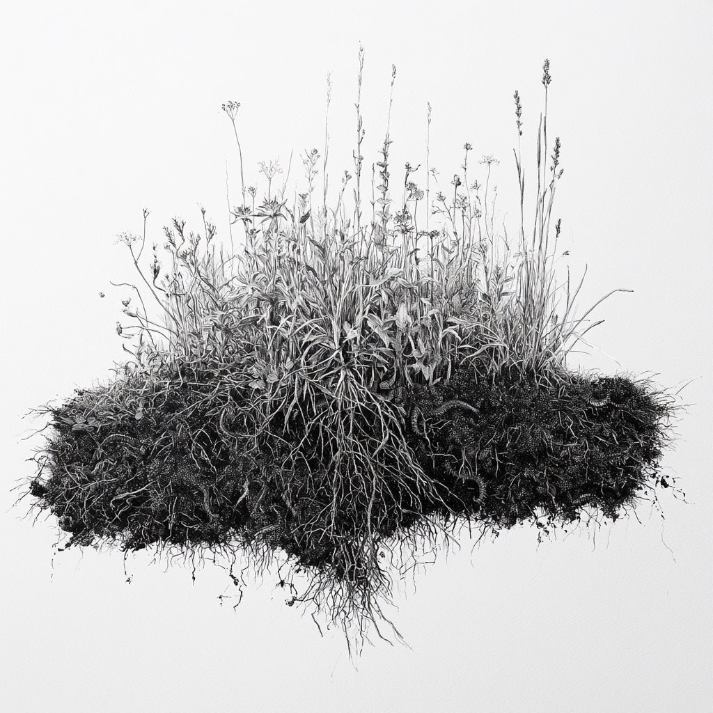 Soil Stewards Steward tier - pen-and-ink flourishing prairie plants with deep tangled roots
