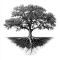 Soil Stewards Legacy tier - pen-and-ink mature oak whose root system mirrors its canopy