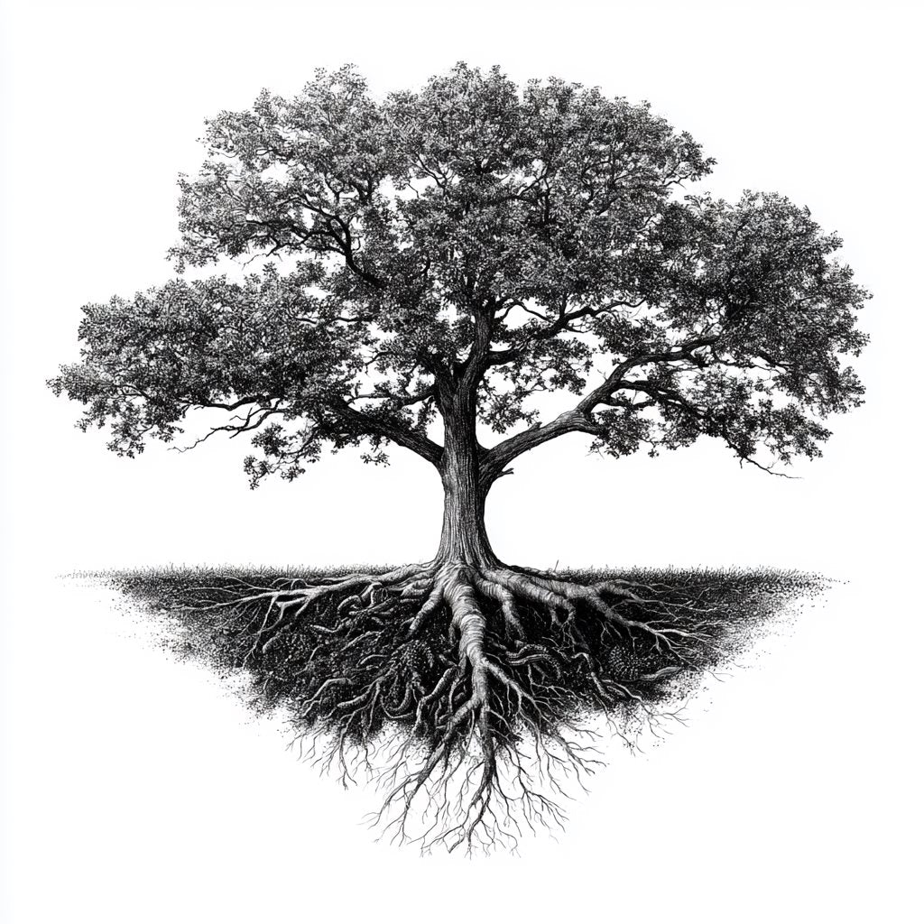 Soil Stewards Legacy tier - pen-and-ink mature oak whose root system mirrors its canopy